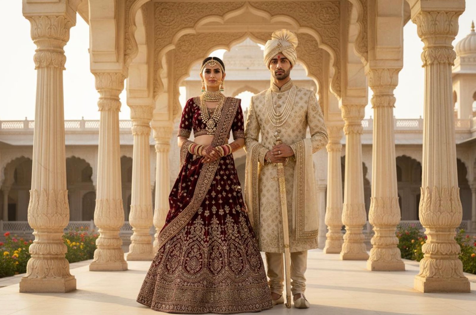A bride in a maroon velvet lehenga and a groom in an ivory sherwani standing beneath carved sandstone arches